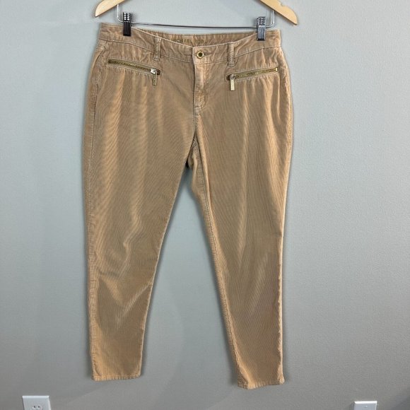 Michael Kors Corduroy Pants 4 Womens Khaki Tan Skinny Leg Zip Pockets MK - Picture 9 of 9